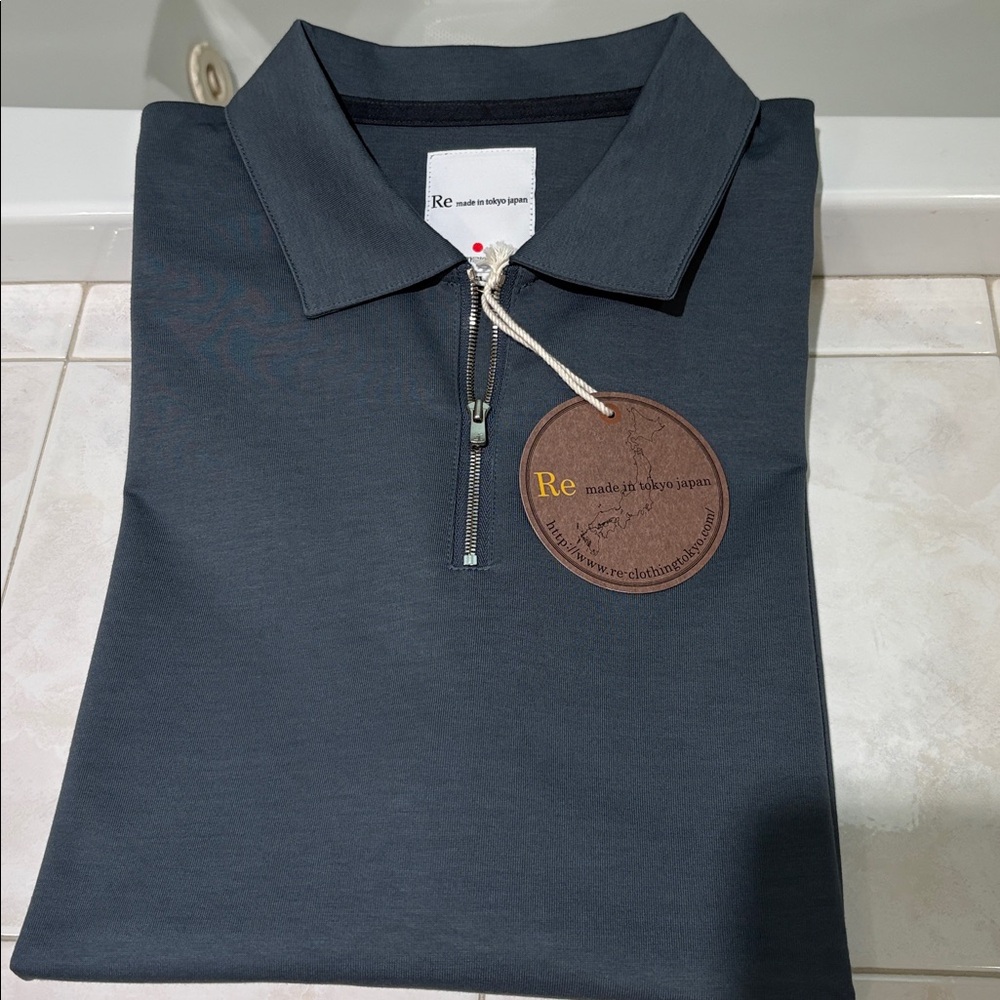 RE Clothing Company Men's Blue Gray Organic Cotton Polo Shirt / Quarter Zip Neck